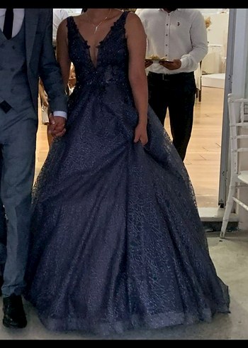 Boncuk İşlemeli V Yakalı Uzun Lacivert Elbise - Görsel 4