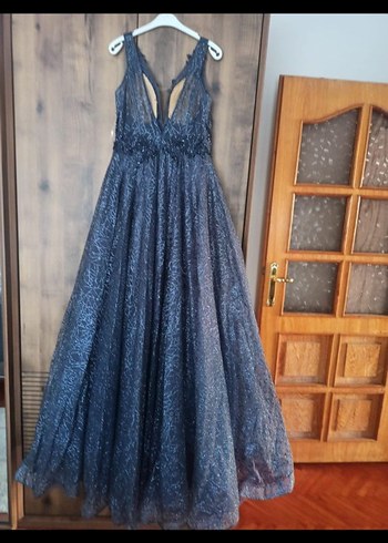 Boncuk İşlemeli V Yakalı Uzun Lacivert Elbise - Görsel 3