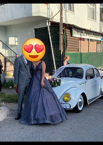 Boncuk İşlemeli V Yakalı Uzun Lacivert Elbise - Görsel 2