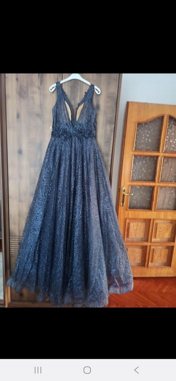 Boncuk İşlemeli V Yakalı Uzun Lacivert Elbise - Görsel 3