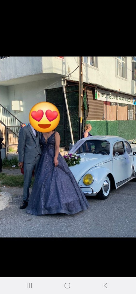 Boncuk İşlemeli V Yakalı Uzun Lacivert Elbise - Görsel 2