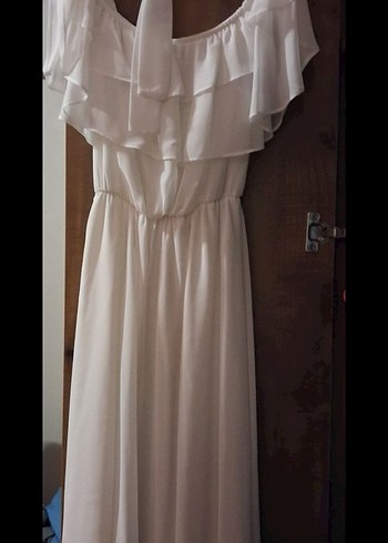 Beyaz Midi Volanlı Straplez Nişan Elbisesi - Görsel 3