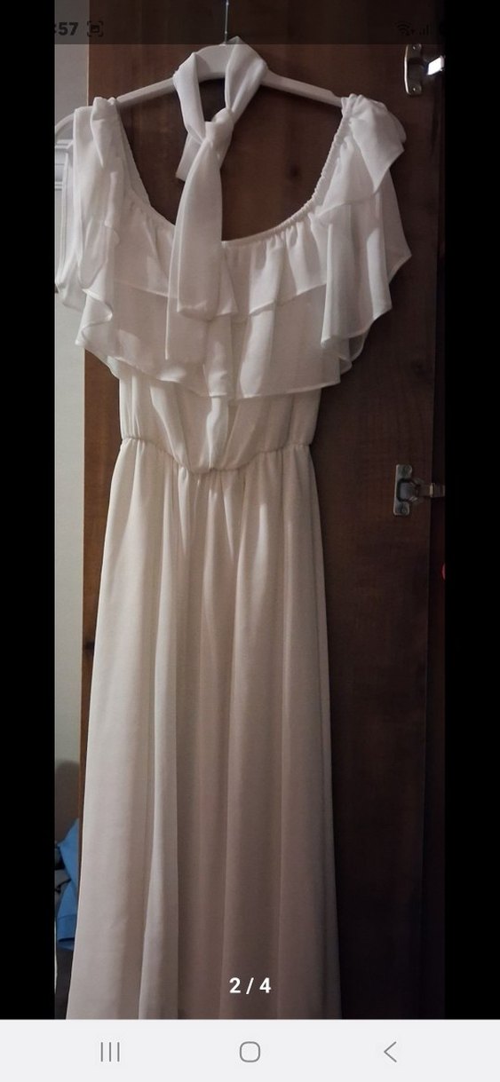 Beyaz Midi Volanlı Straplez Nişan Elbisesi - Görsel 3