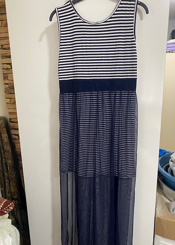 Lacivert Çizgili Uzun Pilili Kadın Elbise - Görsel 4