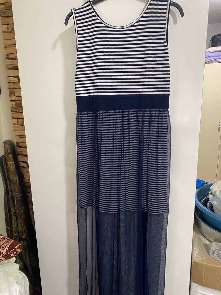 Lacivert Çizgili Uzun Pilili Kadın Elbise - Görsel 4