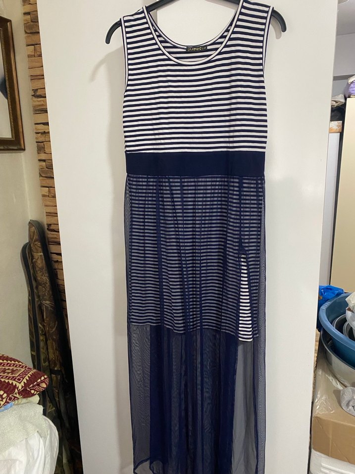 Lacivert Çizgili Uzun Pilili Kadın Elbise - Görsel 2