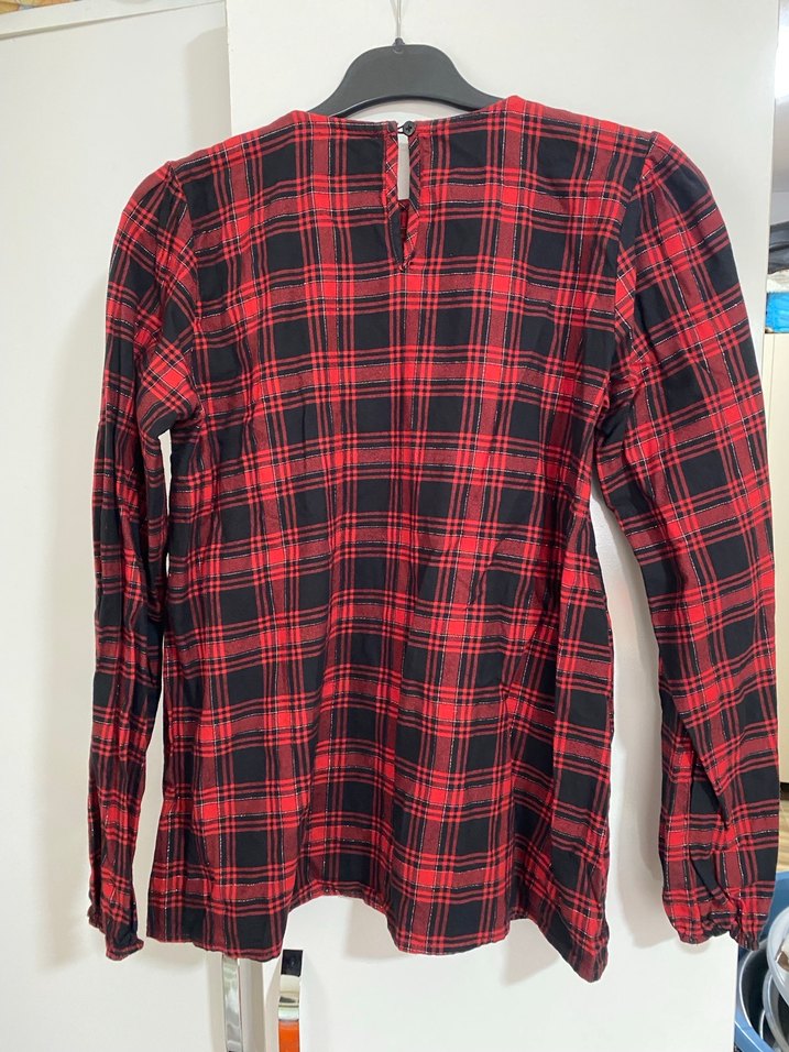 Kırmızı Kareli Uzun Kollu Kadın Bluz - Görsel 3