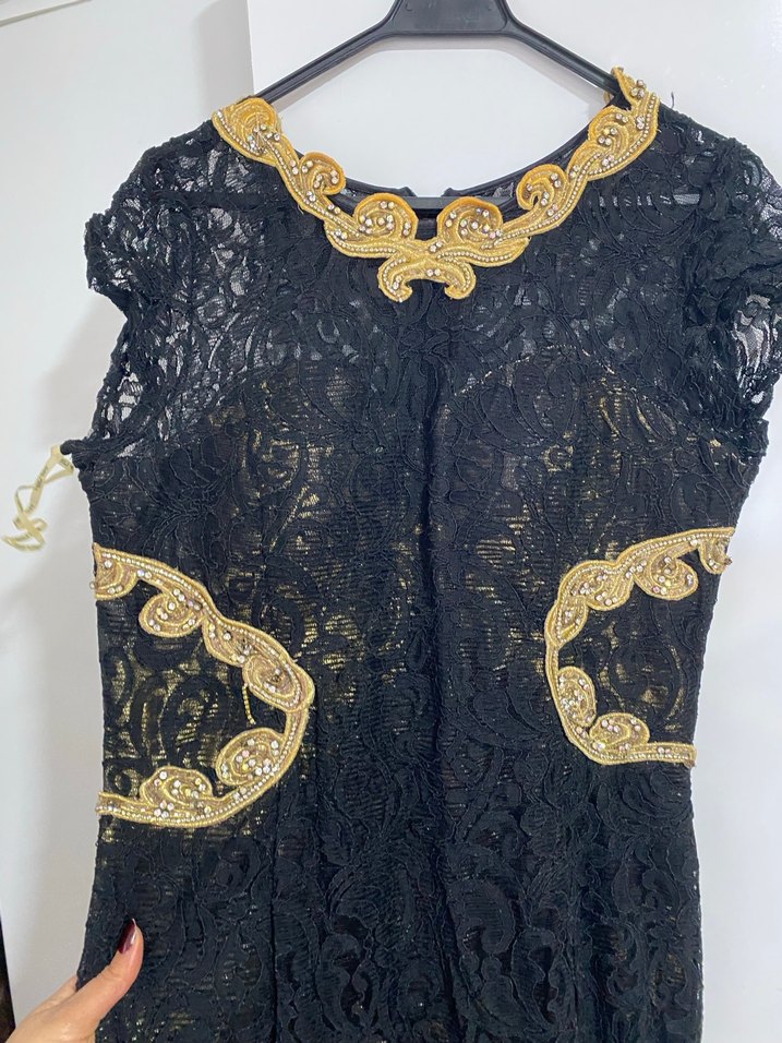 Dantel İşlemeli Siyah Uzun Abiye Elbise - Görsel 3