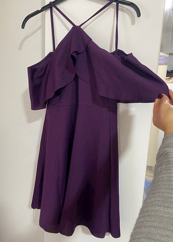 Mor Midi Drapeli Askılı Kadın Abiye Elbise - Görsel 2