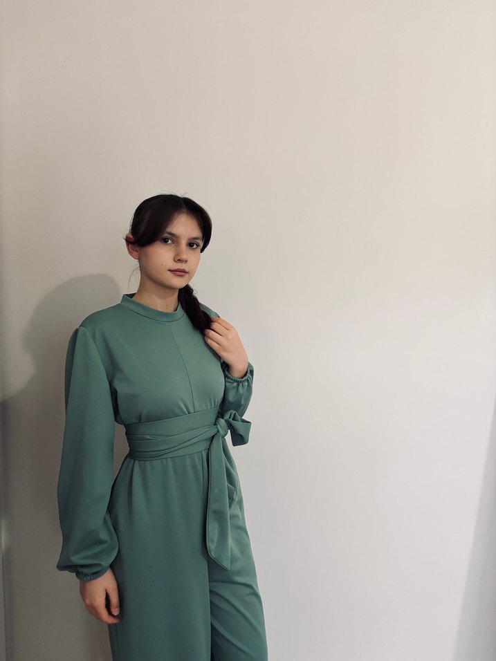 Kadın Yeşil Uzun Kollu Yüksek Yakalı Tulum - Görsel 3