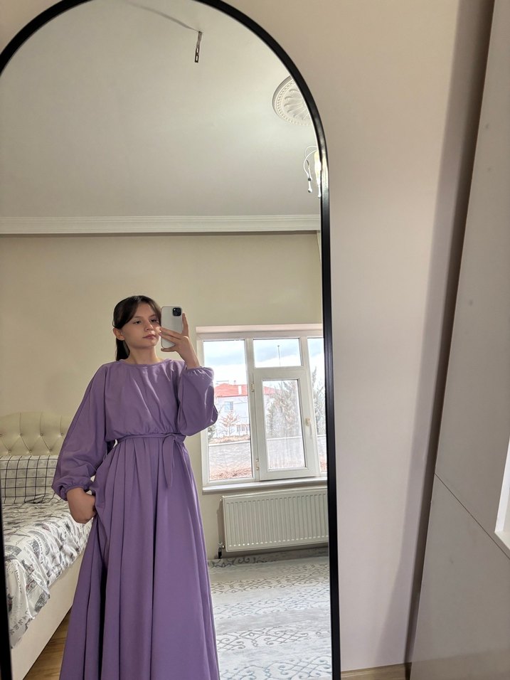 Uzun Kollu Lila Salaş Elbise - Görsel 2