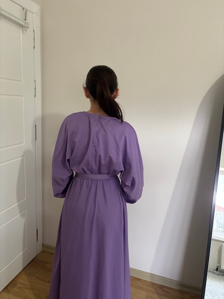 Uzun Kollu Lila Salaş Elbise - Görsel 4