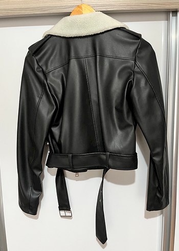 Kemerli Siyah Deri Biker Ceket - Görsel 2