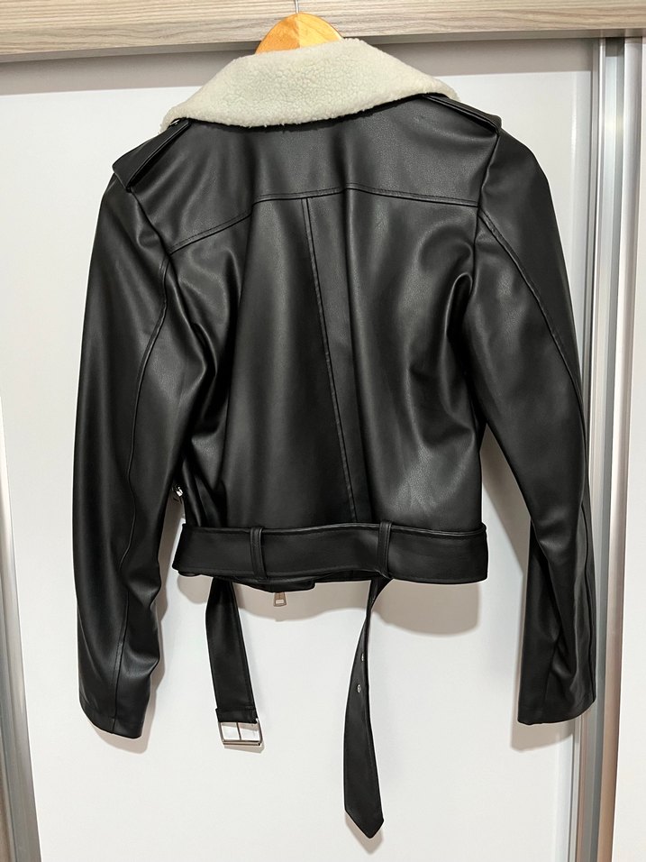Kemerli Siyah Deri Biker Ceket - Görsel 2
