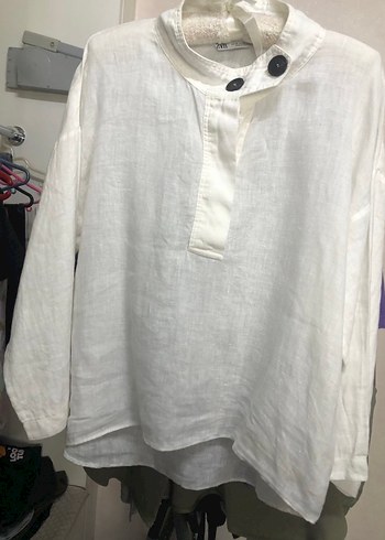 Düğmeli Beyaz Keten Kadın Gömlek - Görsel 2