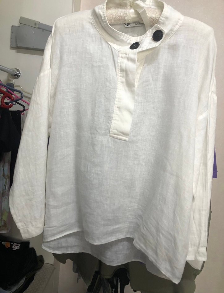 Düğmeli Beyaz Keten Kadın Gömlek - Görsel 2