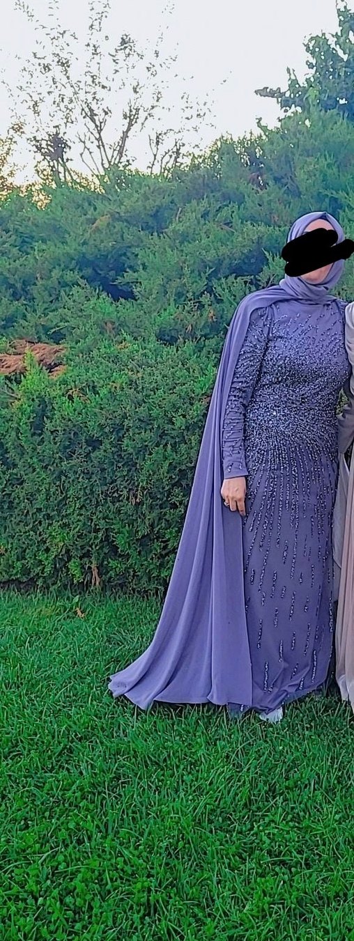 Uzun Kollu Gri Drapeli Abiye Elbise - Görsel 2