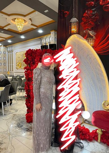 Drapeli Bohem Gri Uzun Abiye Elbise - Görsel 2