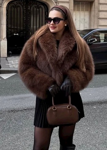 Kahverengi Suni Kürk Detaylı Kadın Ceket - Görsel 3