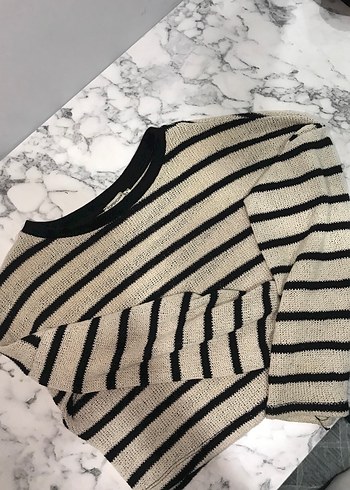 Çizgili Gri-Beyaz Triko Kadın Kazak - Görsel 2