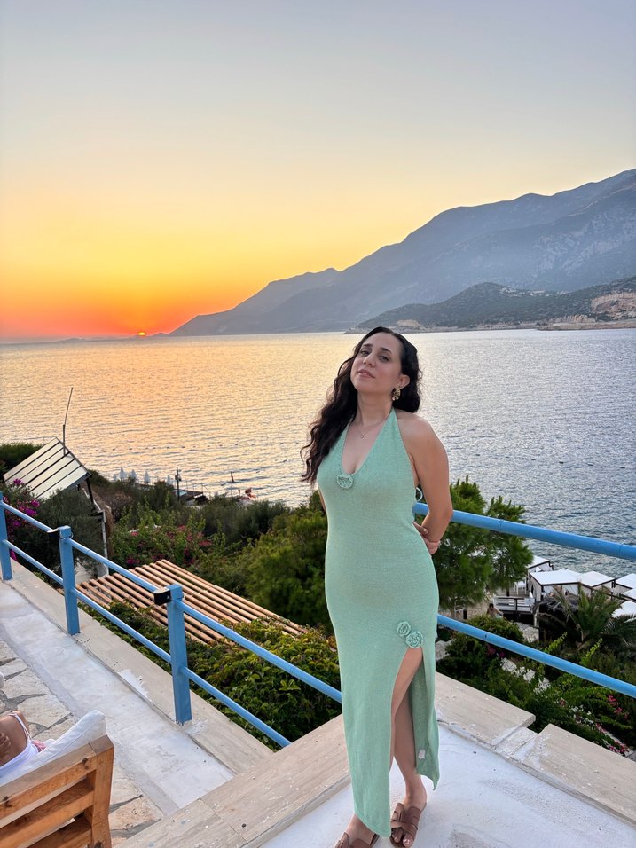 Turkuaz Askılı Uzun Triko Elbise - Görsel 2