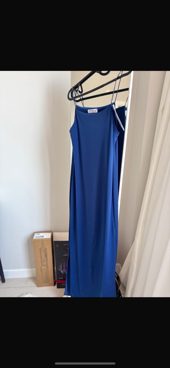 Mavi Parlak Midi Askılı Elbise - Görsel 2