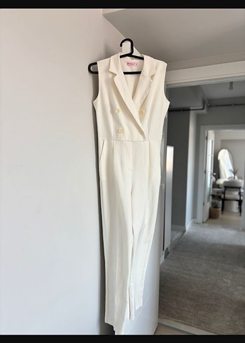Düğmeli Beyaz Kadın Blazer görünümlü tulum - Görsel 2