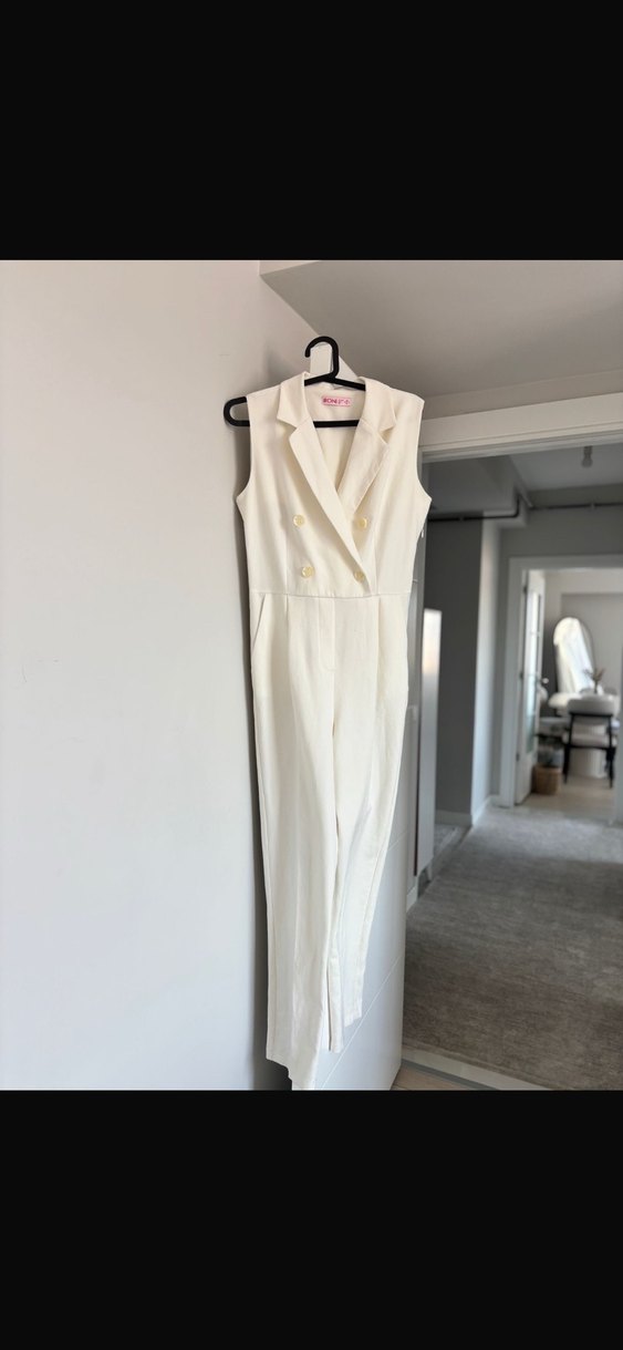 Düğmeli Beyaz Kadın Blazer görünümlü tulum - Görsel 2