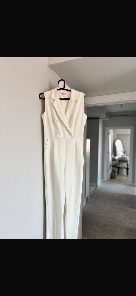 Düğmeli Beyaz Kadın Blazer görünümlü tulum - Görsel 3