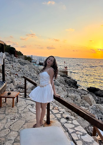 Beyaz Bohem Straplez Mini Elbise - Görsel 3