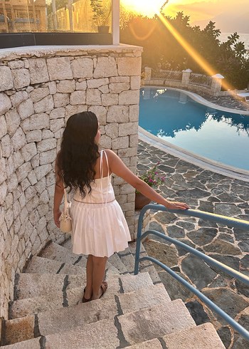 Beyaz Bohem Straplez Mini Elbise - Görsel 2