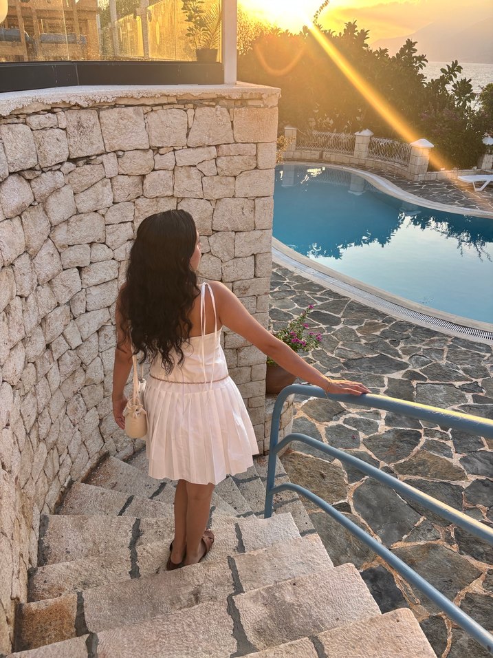 Beyaz Bohem Straplez Mini Elbise - Görsel 2