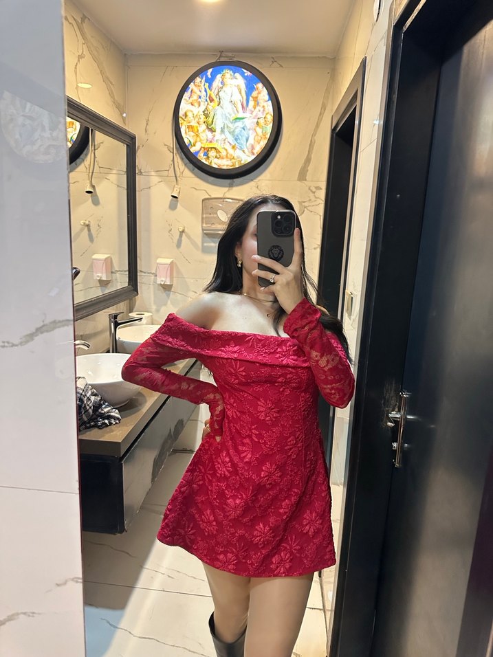 Dantel Detaylı Kırmızı Mini Elbise - Görsel 3