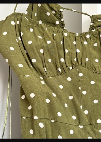 Puantiye Desenli, Drapeli, V Yakalı Uzun Keten Elbise - Görsel 2