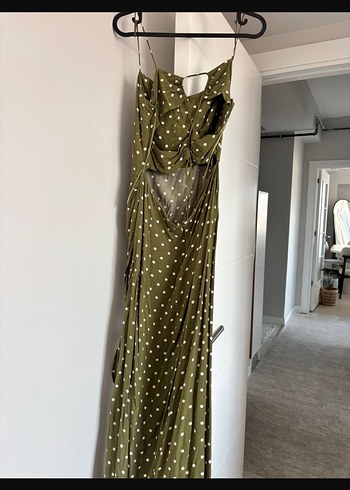 Puantiye Desenli, Drapeli, V Yakalı Uzun Keten Elbise - Görsel 4