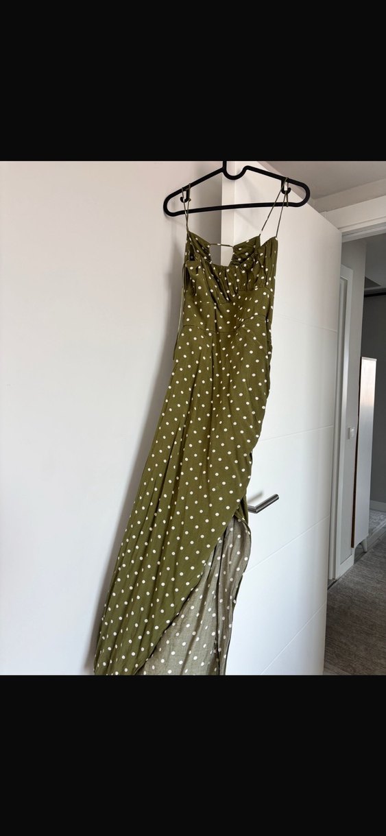 Puantiye Desenli, Drapeli, V Yakalı Uzun Keten Elbise - Görsel 3