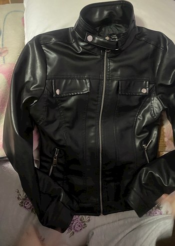 Kadın Siyah Parlak Deri Biker Ceket - Görsel 2