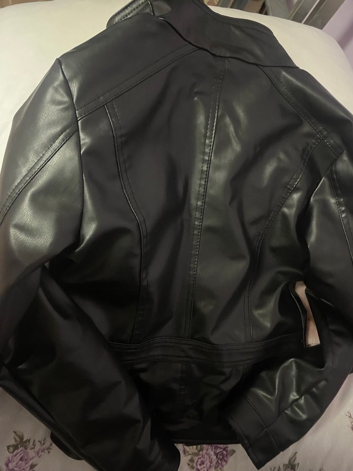 Kadın Siyah Parlak Deri Biker Ceket - Görsel 5