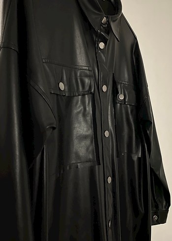 Düğmeli Siyah Deri Kadın Ceket - Görsel 2
