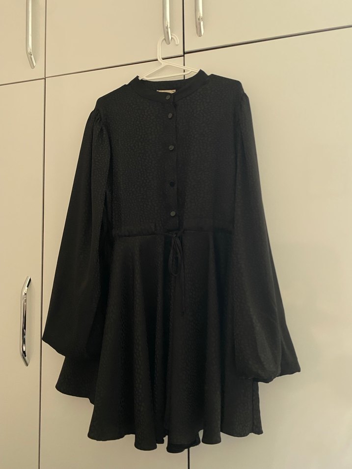 Düğmeli Siyah Midi saten  Kadın Tunik - Görsel 2