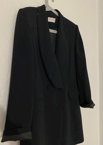 Düğmeli Siyah Uzun Kadın Blazer Ceket - Görsel 2