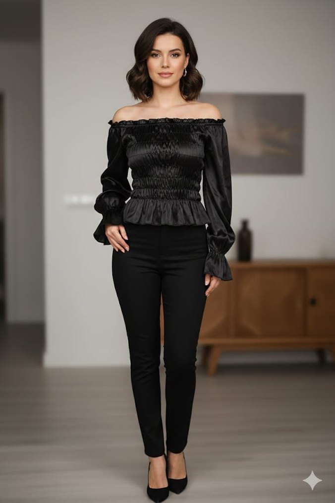 Siyah Mini Deri etek 
straplez saten bluz - Görsel 2