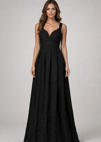 Siyah V Yakalı Uzun Kadın Abiye Elbise - Görsel 2