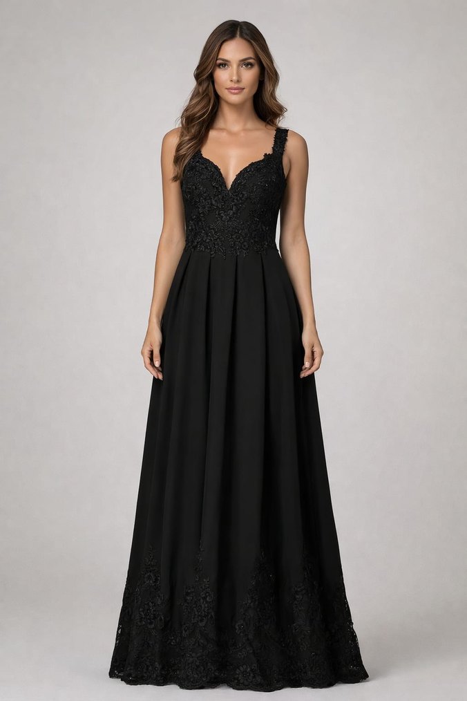 Siyah V Yakalı Uzun Kadın Abiye Elbise - Görsel 2