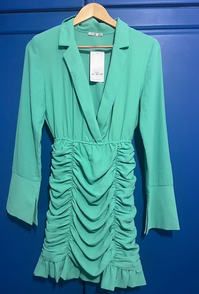 Turkuaz Drapeli V Yaka Mini Elbise - Görsel 3