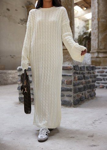 Beyaz Örgü Yün Uzun Elbise - Görsel 3
