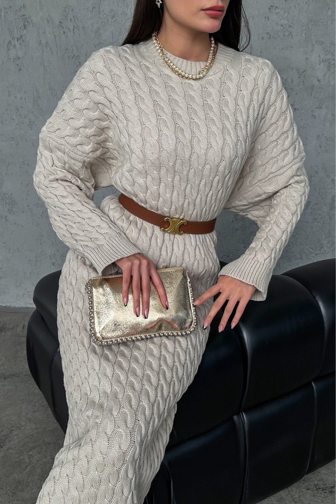 Beyaz Örgü Yün Uzun Elbise - Görsel 2