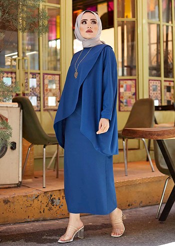 Kadın Mavi Salaş Uzun Kollu Drapeli Tunik - Görsel 2