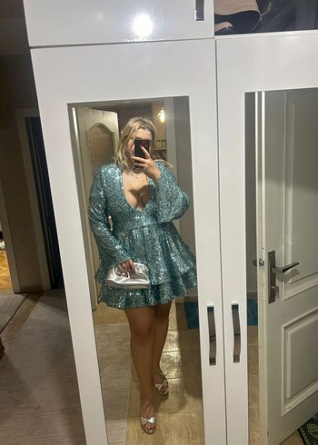 Gira Official Mint İspanyol Kol Detaylı Mini V Yaka Abiye Elbise - Görsel 5