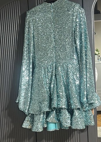 Gira Official Mint İspanyol Kol Detaylı Mini V Yaka Abiye Elbise - Görsel 4